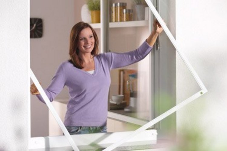 lächelnde Frau hält Insektenschutzgitter