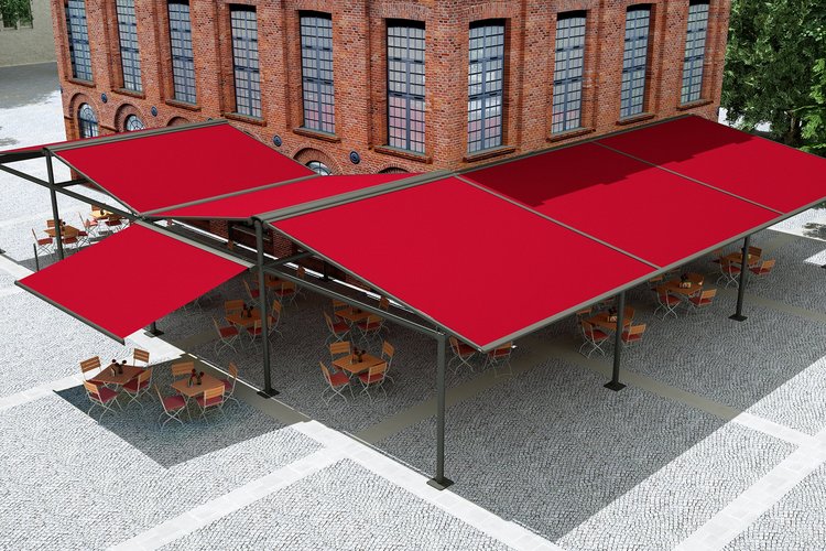 viele rote Markisen verbunden mit einem Rahmensystem